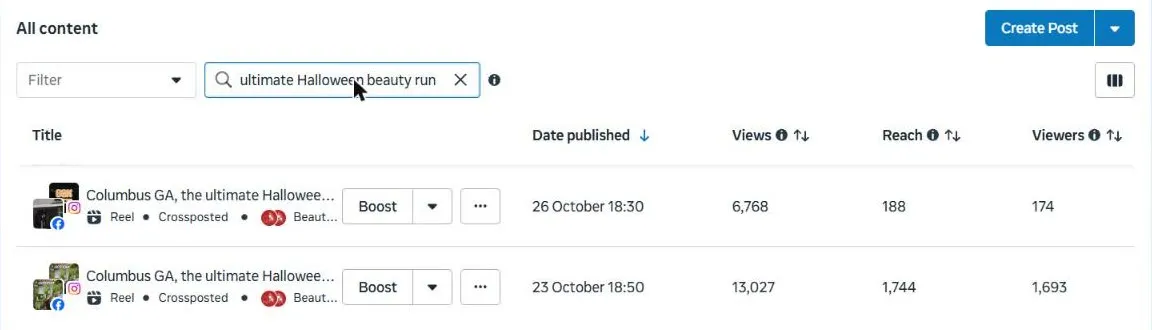 Meta Business Suite, Beauty Queen Columbus · the two Halloween beauty run reels: 13,027 and 6,768 views. 30 Sep – 30 Oct 2026
